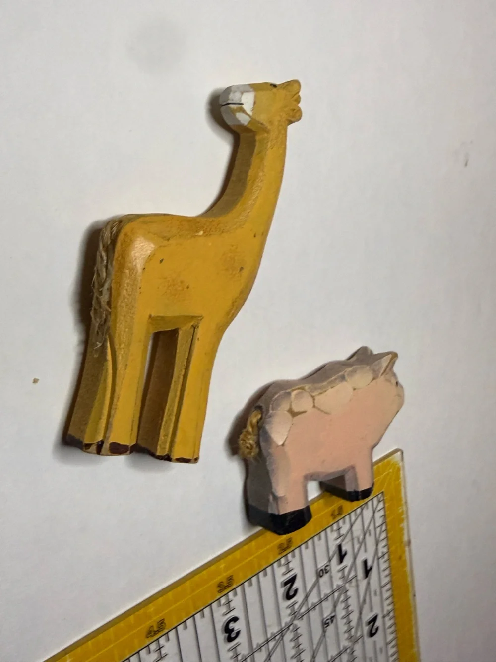 Vintage Handcrafted Yellow Giraffe & Pink Pig Wood Figurine Set